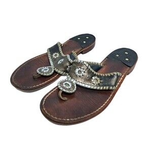 Jack Rogers Size 9 Leather Calypso Black Brown Stitch Sandals Flip Flops Navajo